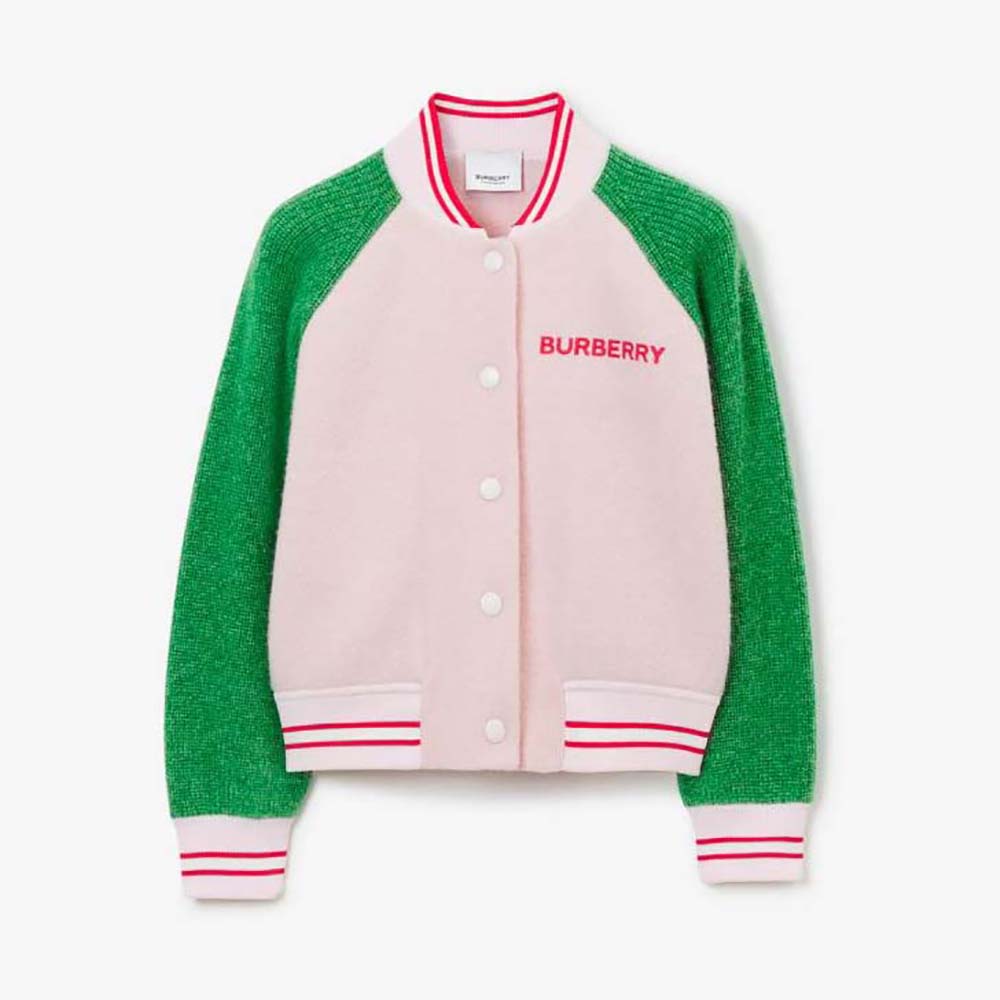 Front view of Burberry Girls’ Wool Bomber Jacket-Pink with zipped closure