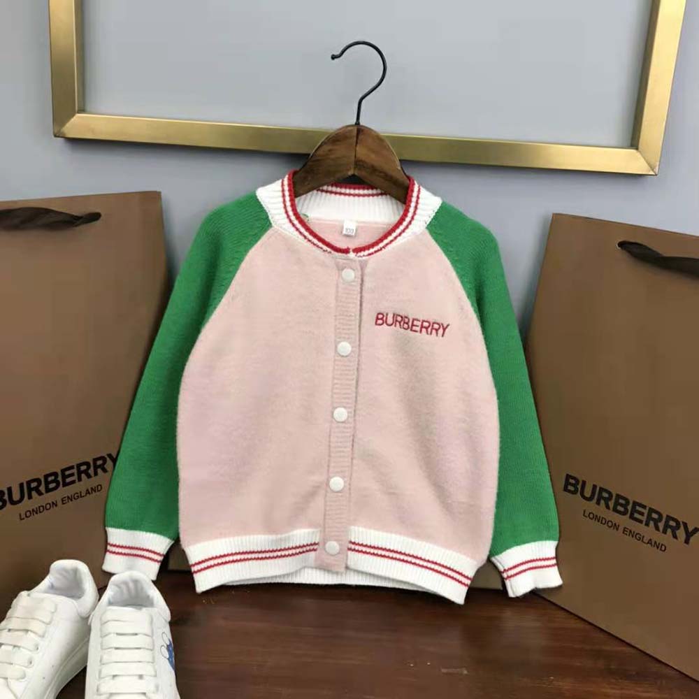 Side angle showing soft pink colour of Burberry Girls’ Wool Bomber Jacket