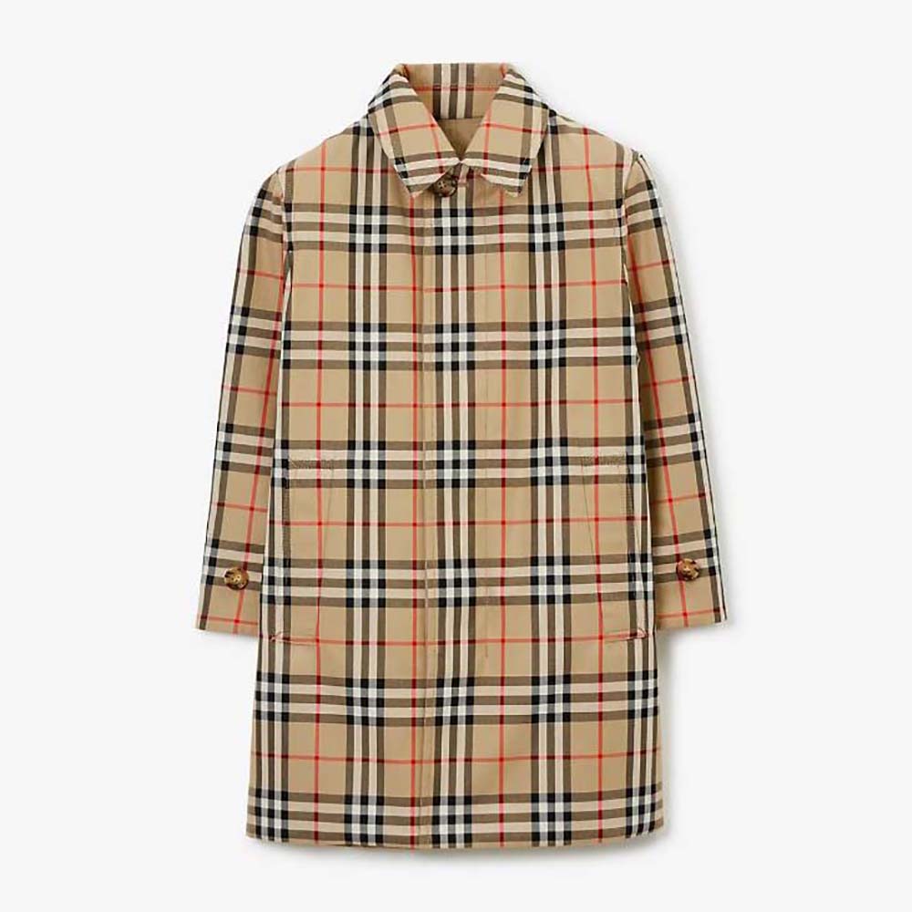 Front view of Burberry Kids’ Check Cotton Gabardine Reversible Car Coat in brown