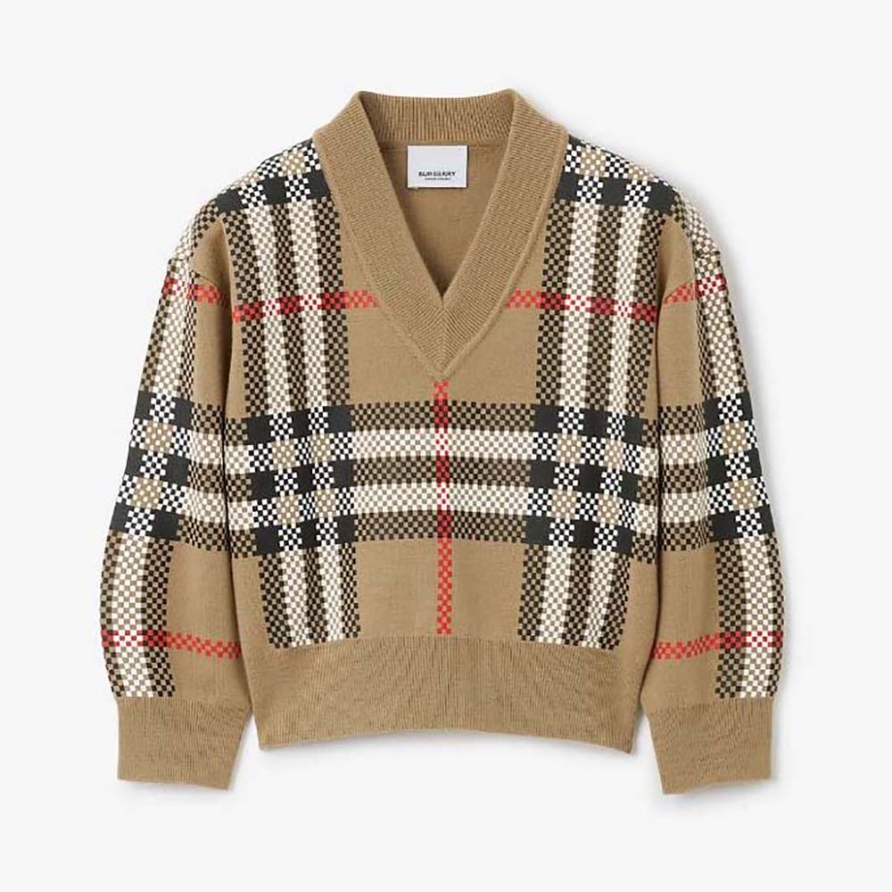 Front view of Burberry Kids’ Check Wool Sweater-Beige showing classic pattern
