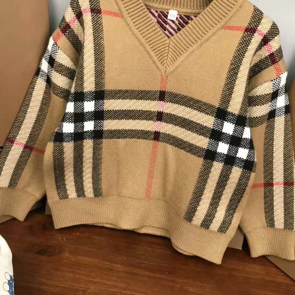Burberry Kids’ Check Wool Sweater-Beige - image 8