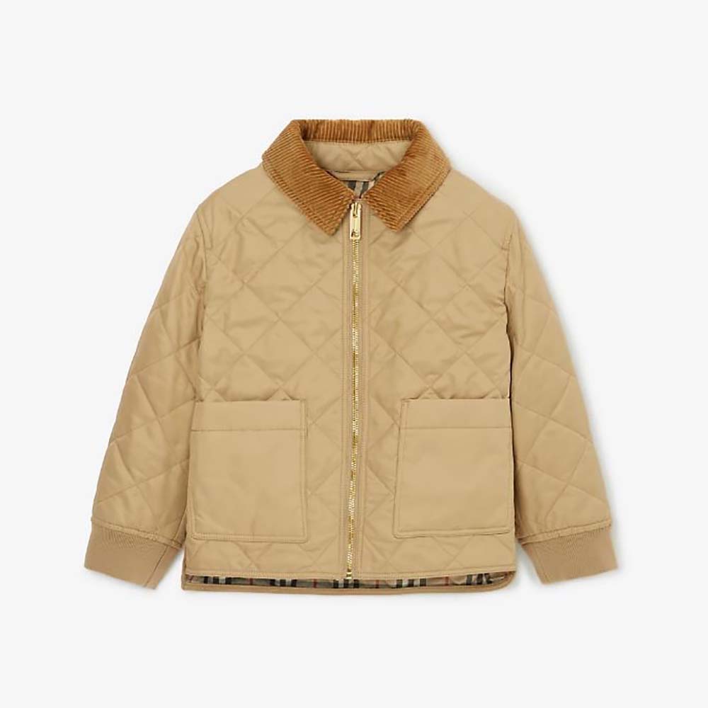 Front view of Burberry Kids’ Corduroy Collar Diamond Quilted Jacket-Beige