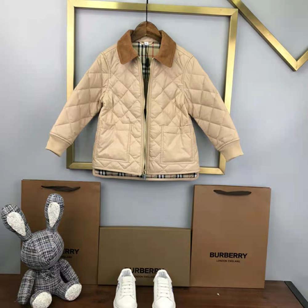 Burberry Kids’ Corduroy Collar Diamond Quilted Jacket-Beige - image 4