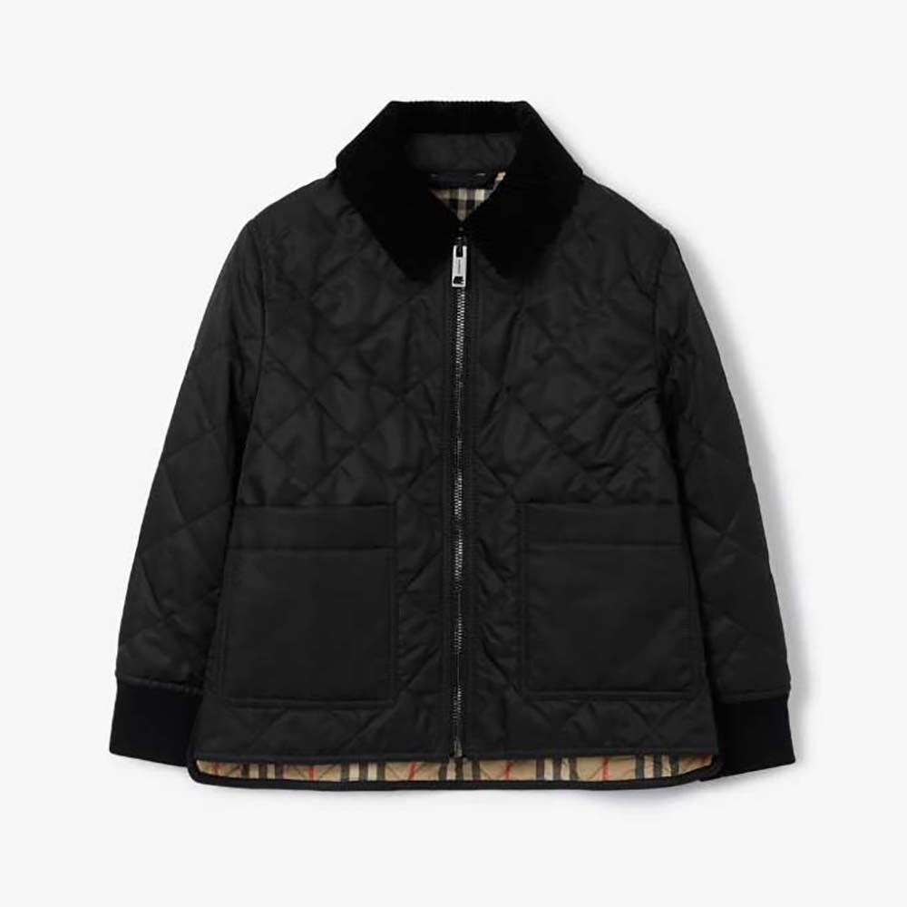 Front view of Burberry Kids’ Corduroy Collar Diamond Quilted Jacket-Black