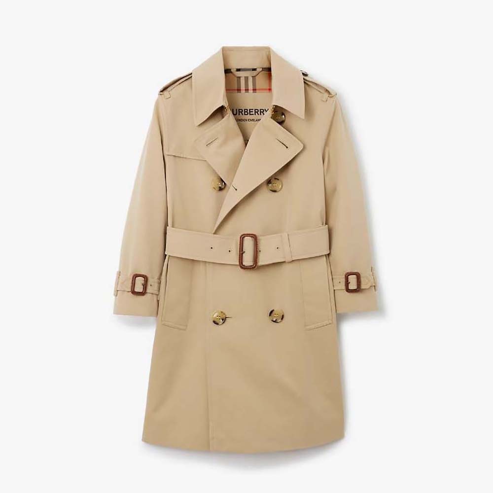 Front view of Burberry Kids’ Cotton Gabardine Trench Coat-Beige