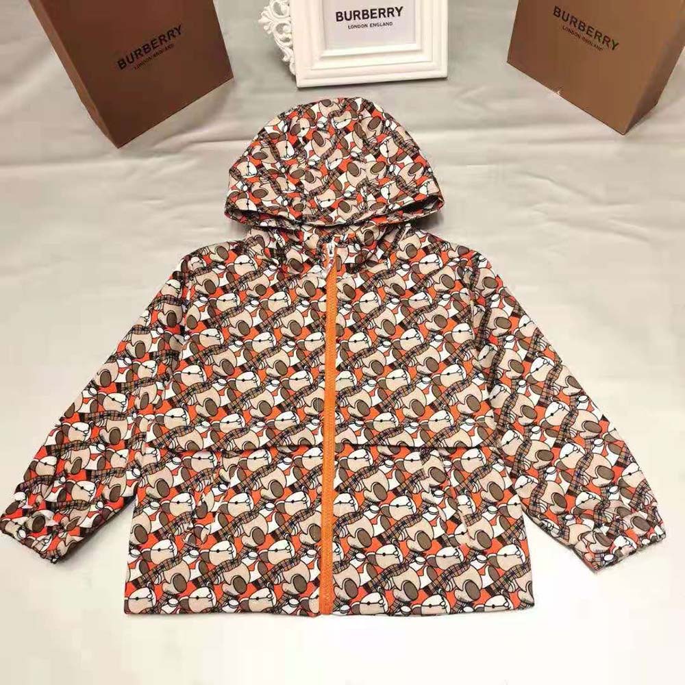 Close-up of Thomas Bear print detail on Burberry Kids’ jacket