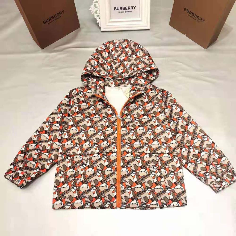 Side angle showing hood and zip of Burberry Kids’ Thomas Bear Jacket