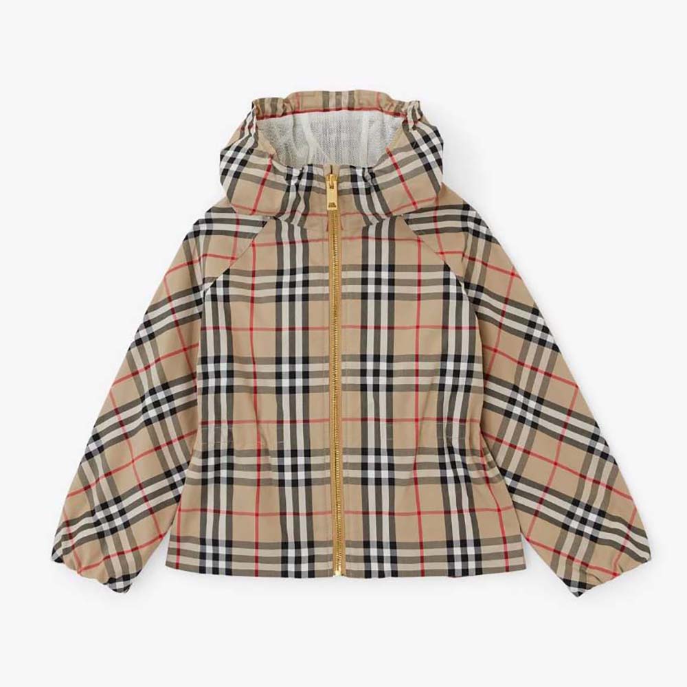Front view of Burberry Kids’ Vintage Check Cotton Hooded Jacket in beige