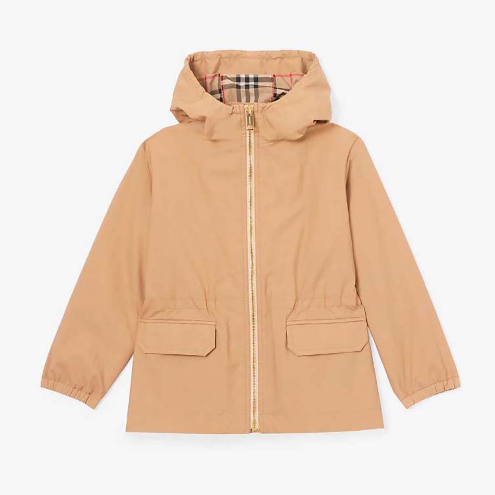 Front view of Burberry Kids’ Vintage Check-lined Cotton Hooded Jacket in beige