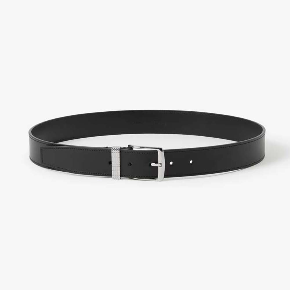 Front view of Burberry Men Check and Leather Belt showing signature buckle