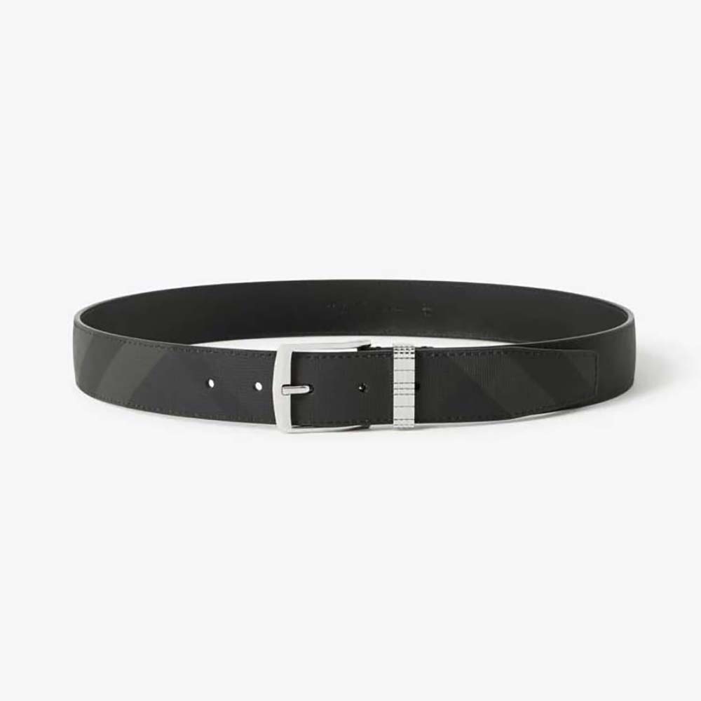 Front view of Burberry Men Check and Leather Belt-Navy with silver buckle