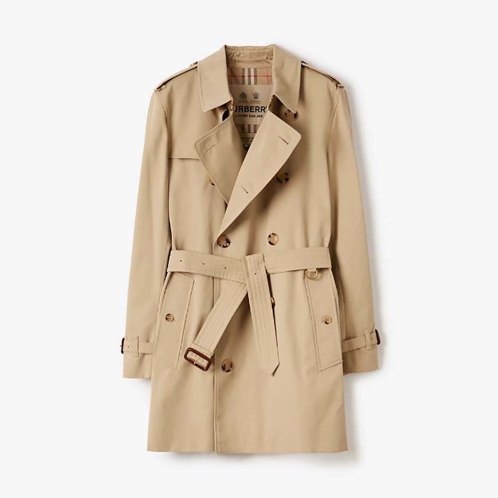 Front view of Burberry Men Kensington Heritage Trench Coat in beige