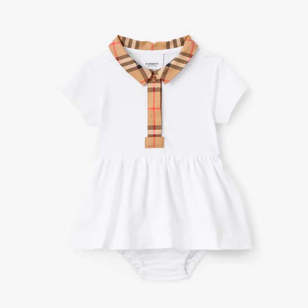 Front view of Burberry Toddler Girls’ Check Trim Stretch Cotton Piqué Dress with bloomers