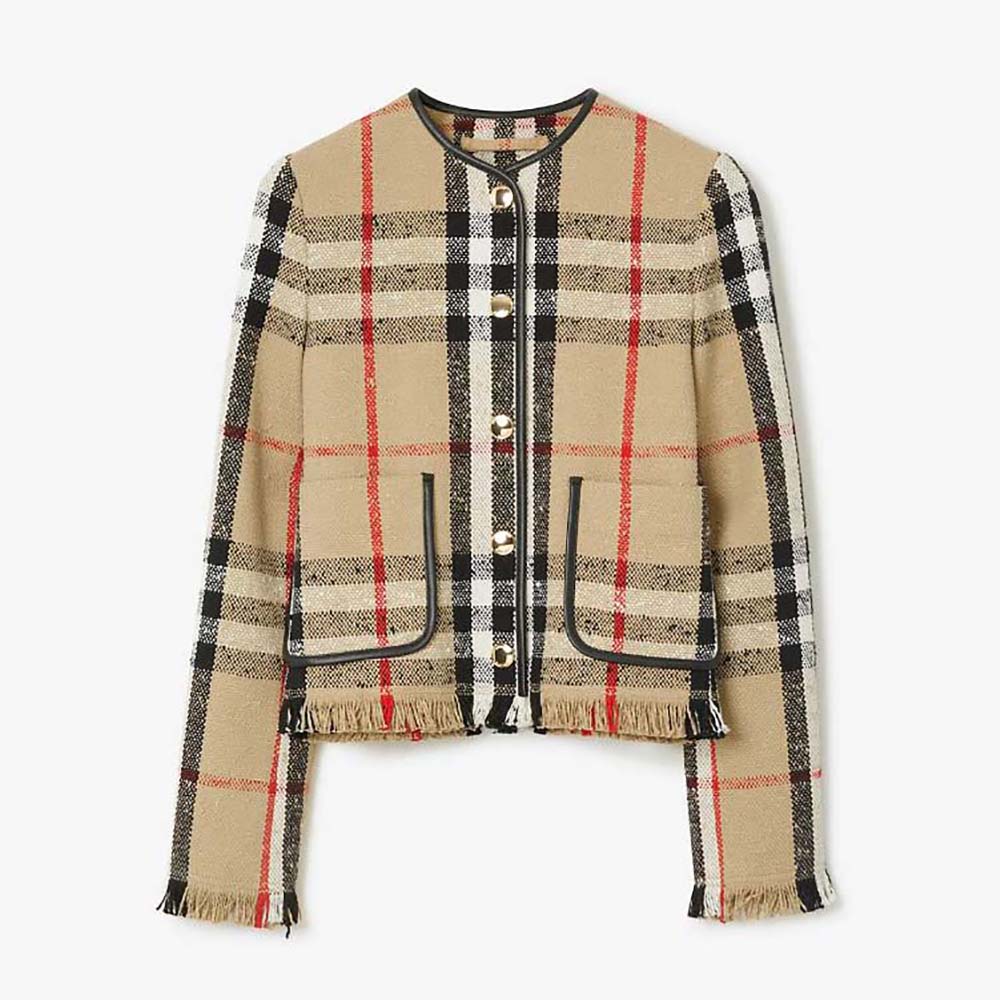 Front view of Burberry Women Check Bouclé Collarless Jacket in beige