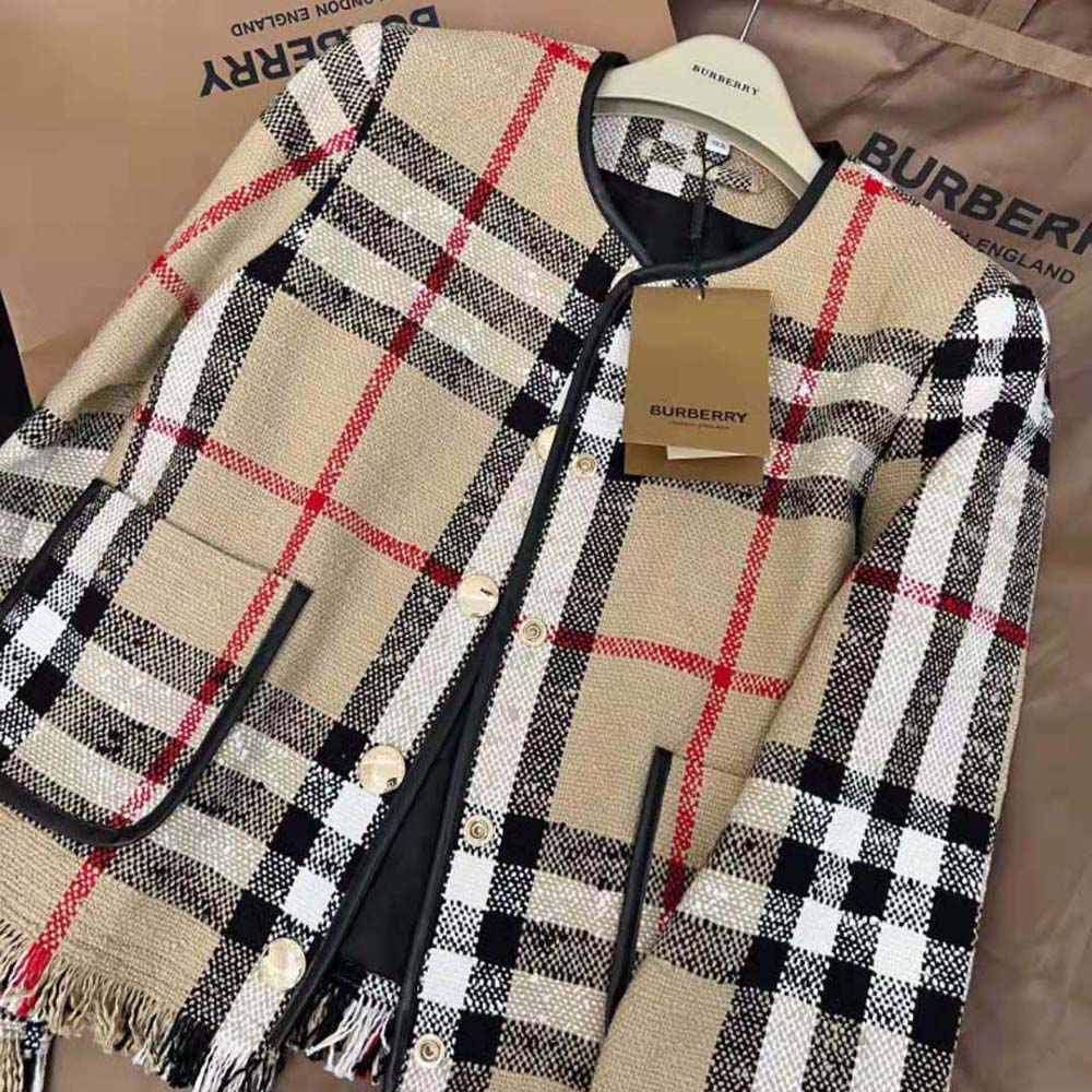 Side profile showing silhouette of Burberry Women Check Bouclé Collarless Jacket