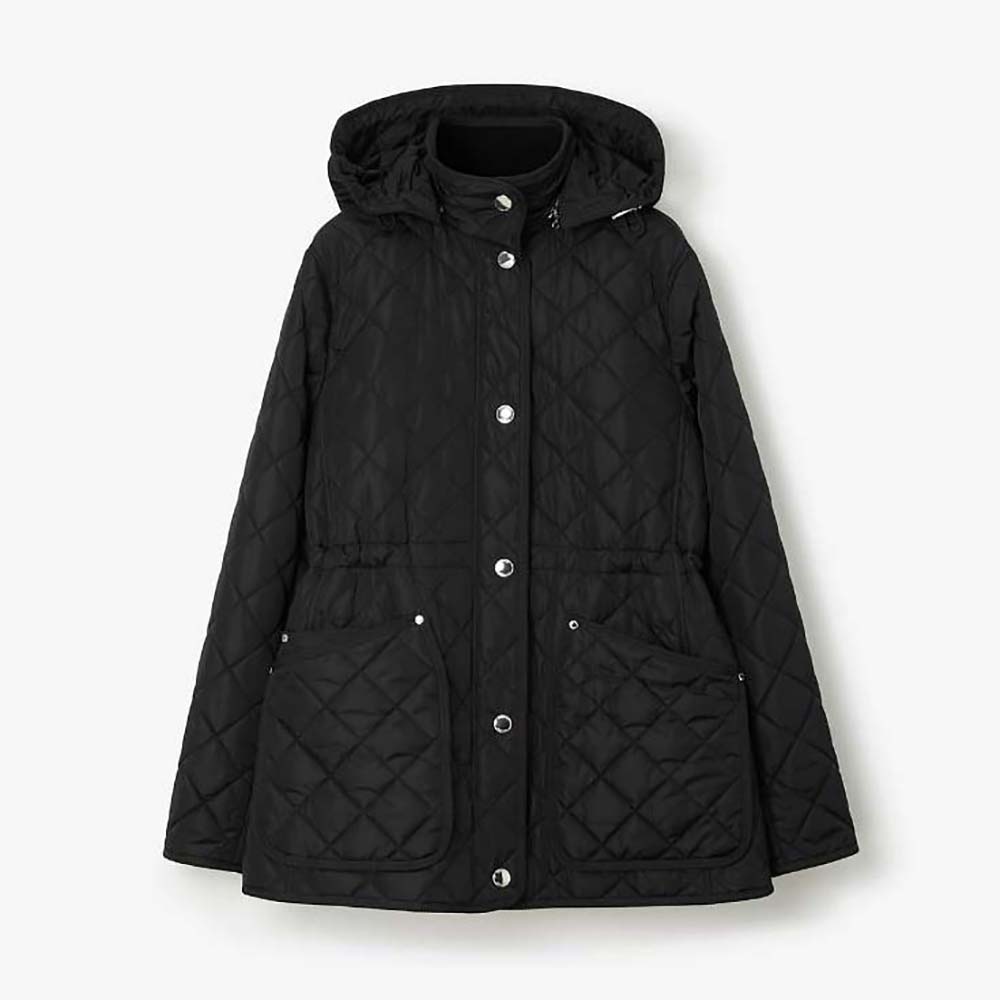 Front view of Burberry Women Diamond Quilted Nylon Jacket-Black