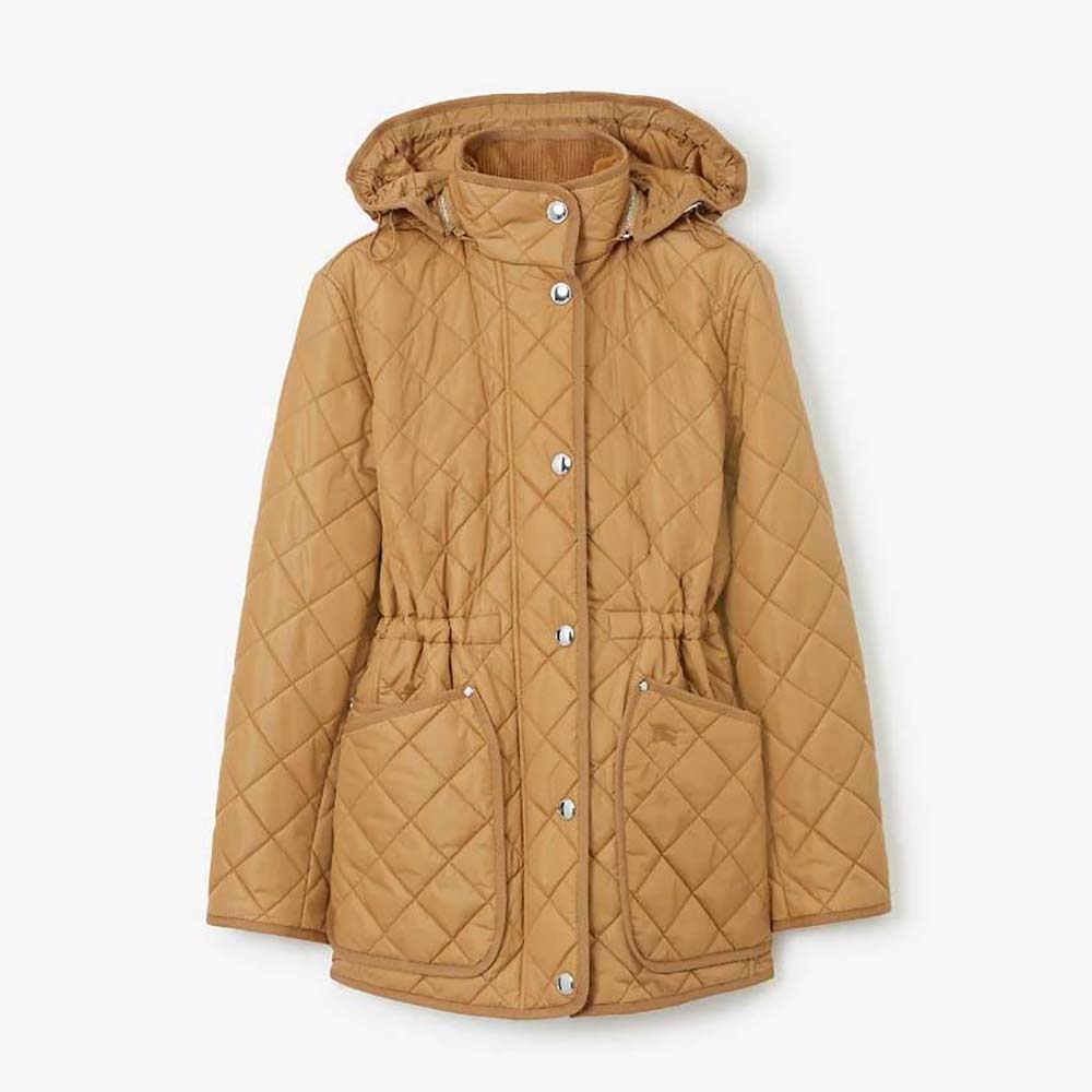 Front view of Burberry Women Diamond Quilted Nylon Jacket-Brown
