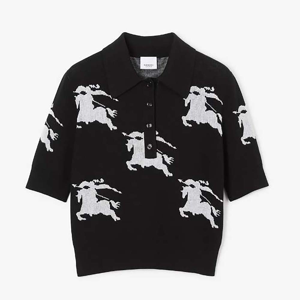 Front view of Burberry Women EKD Cotton Silk Polo Shirt-Black