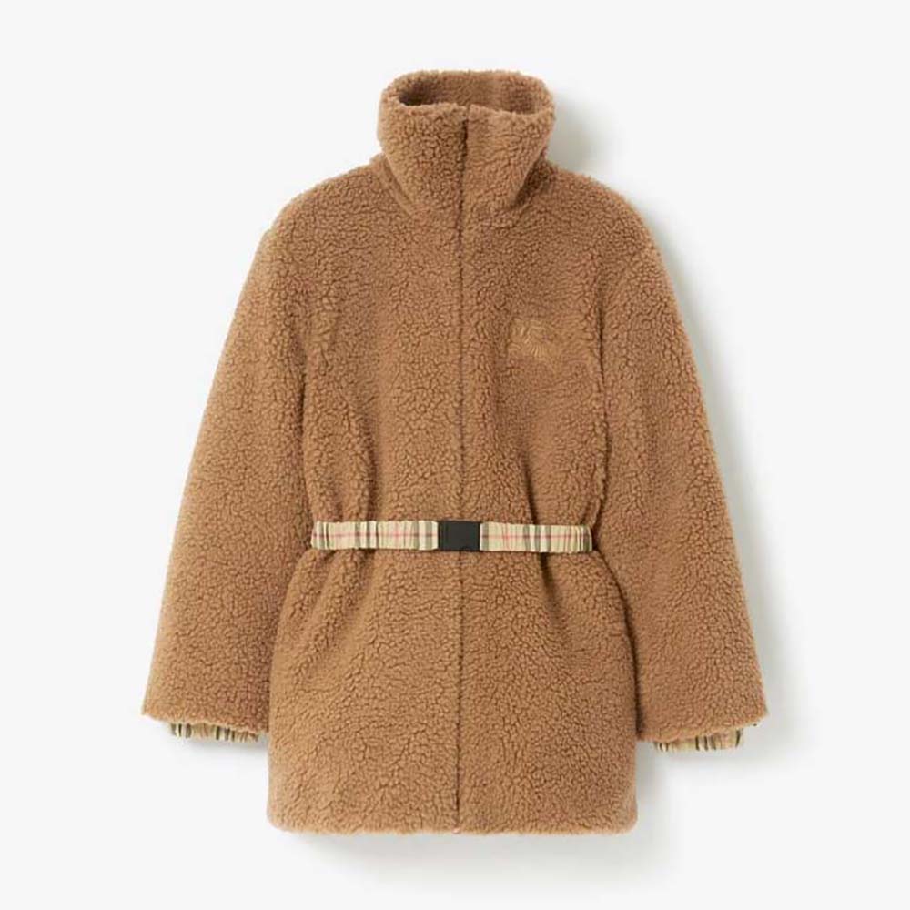Front view of Burberry Women EKD Fleece Jacket-Brown zipped up
