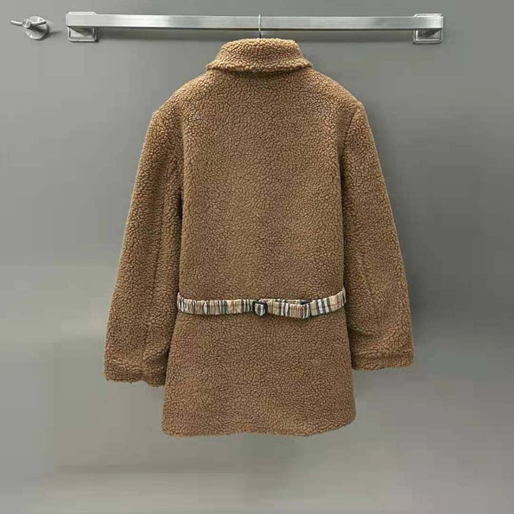 Side profile showing fitted silhouette of Burberry Women EKD Fleece Jacket-Brown