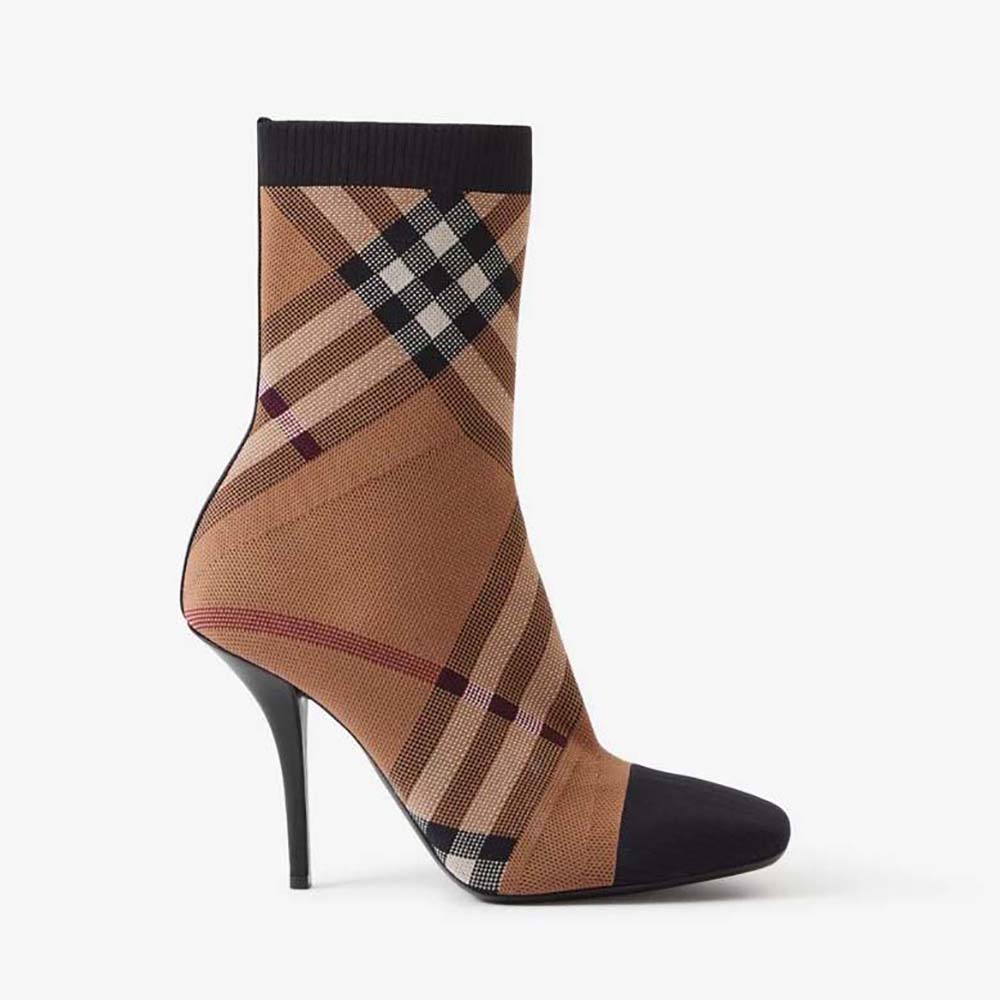 Side view of Burberry Women Knitted Check Sock Boots-Black showing sleek silhouette