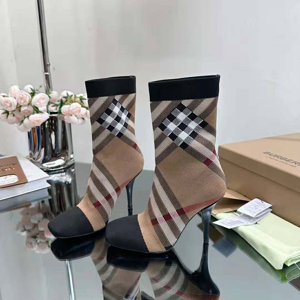 Burberry Women Knitted Check Sock Boots-Black - image 6