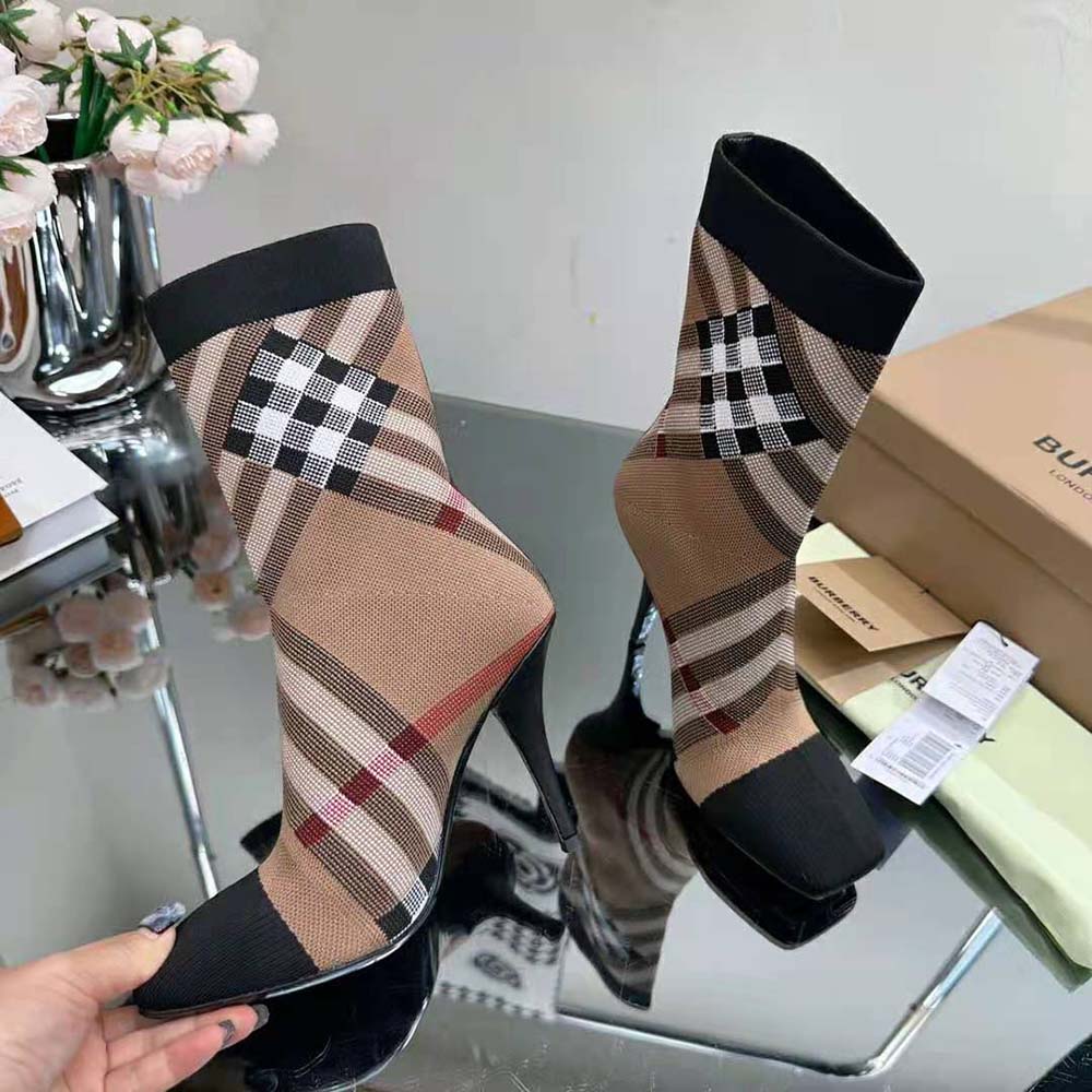 Burberry Women Knitted Check Sock Boots-Black - image 7