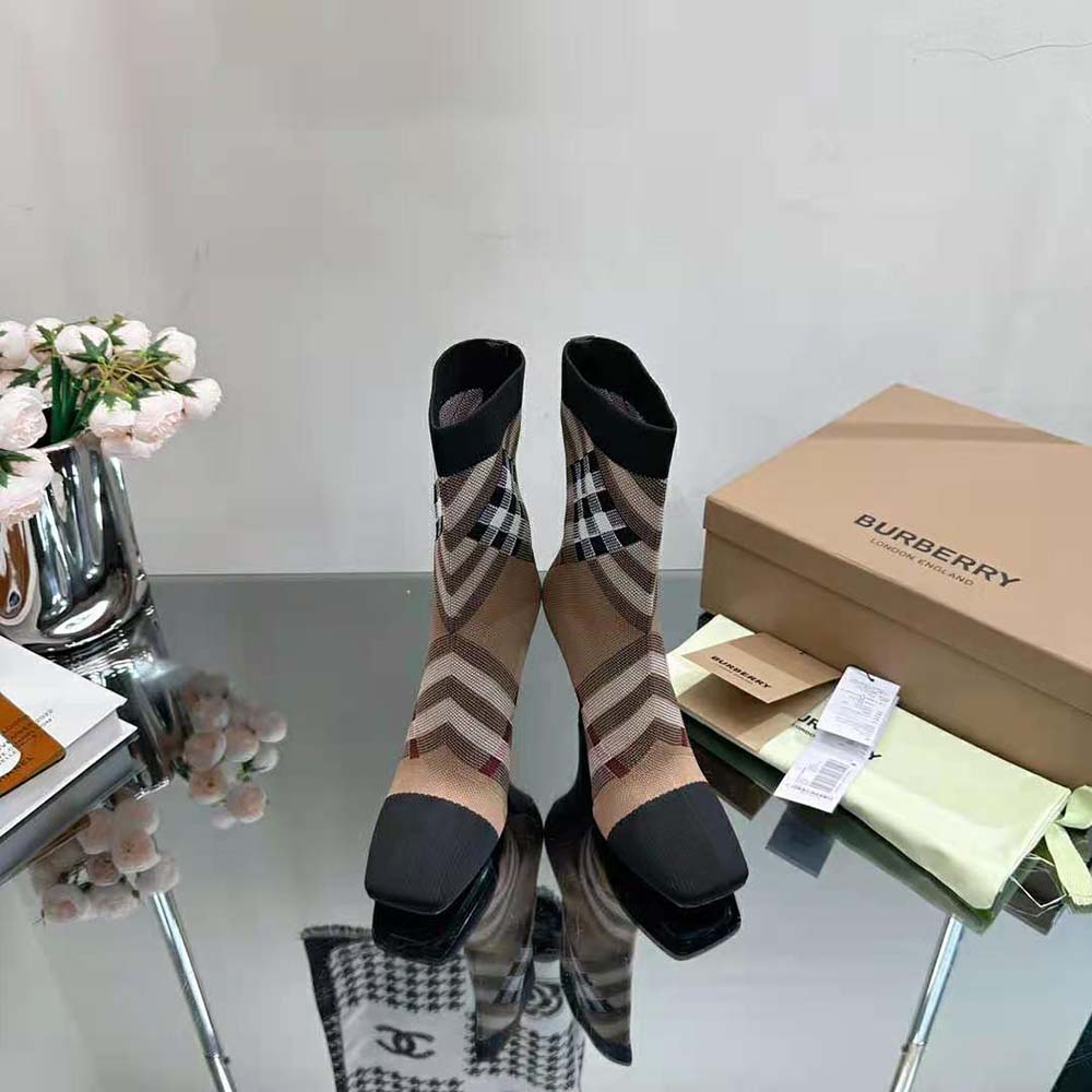 Burberry Women Knitted Check Sock Boots-Black - image 4