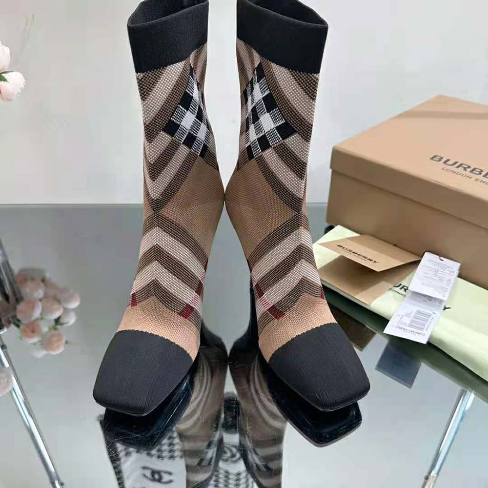 Burberry Women Knitted Check Sock Boots-Black - image 5