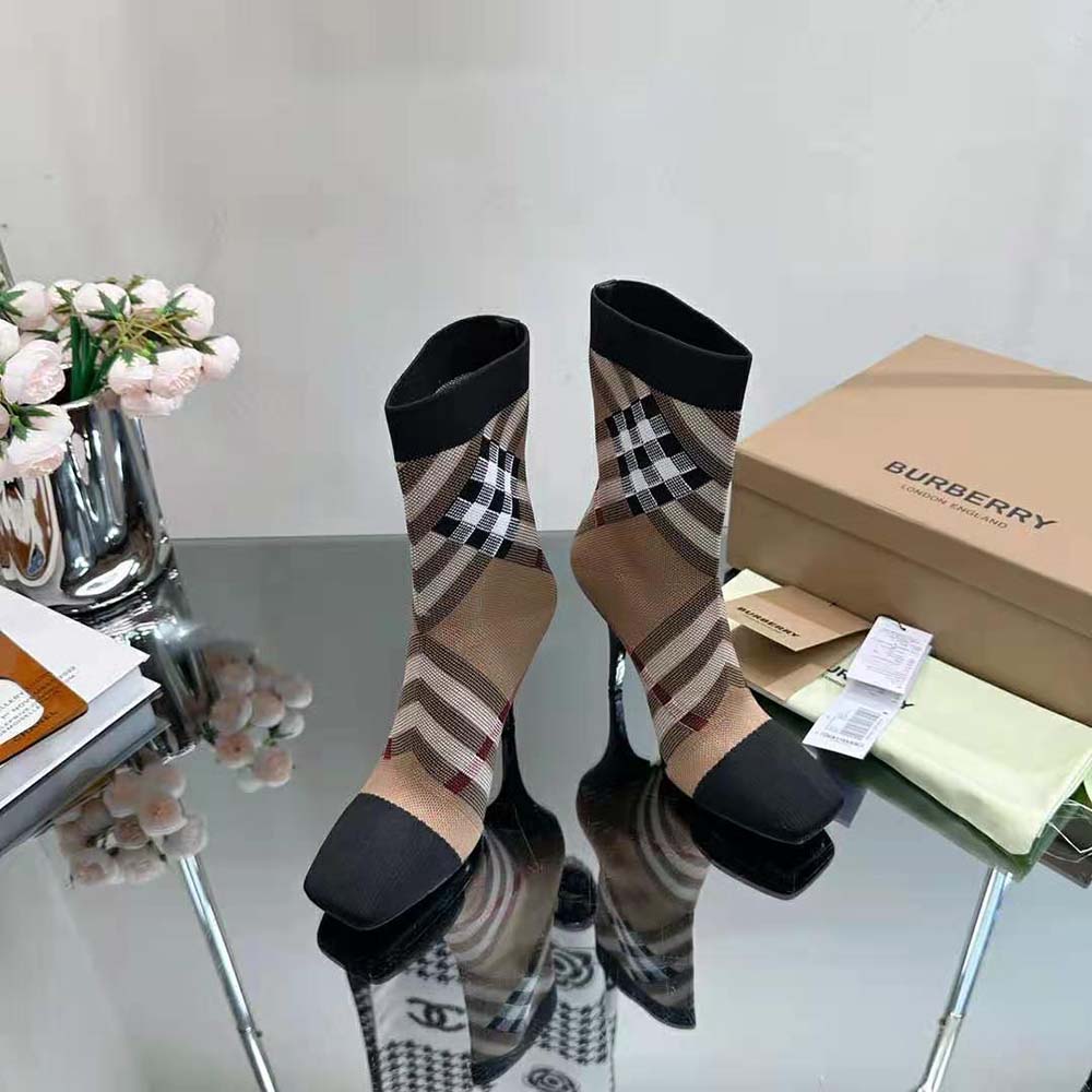 Rear angle of Burberry Women Knitted Check Sock Boots-Black with logo cuff