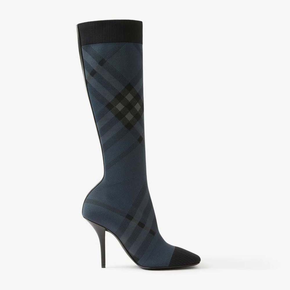 Side angle of Burberry Women Knitted Check Sock Boots-Blue showing silhouette