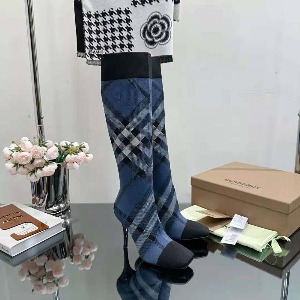 Back view of Burberry Women Knitted Check Sock Boots-Blue with zipper
