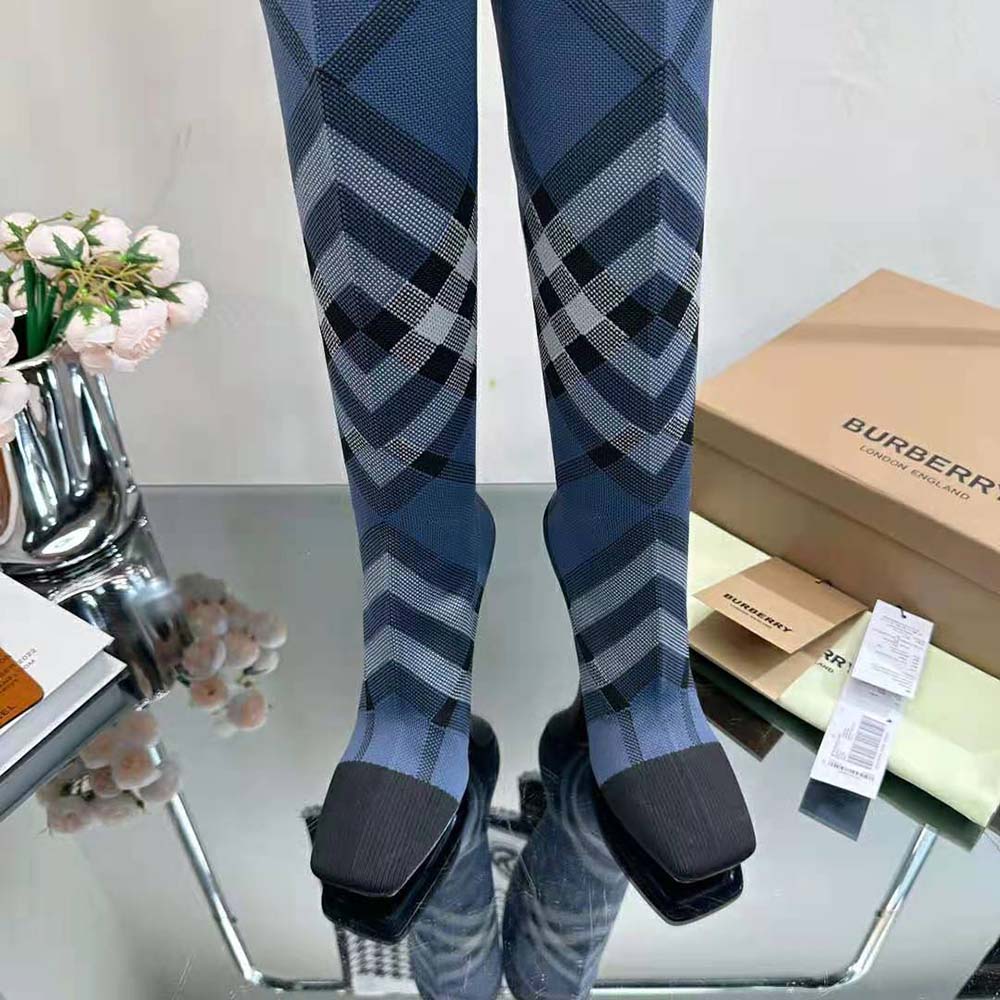 Burberry Women Knitted Check Sock Boots-Blue - image 7