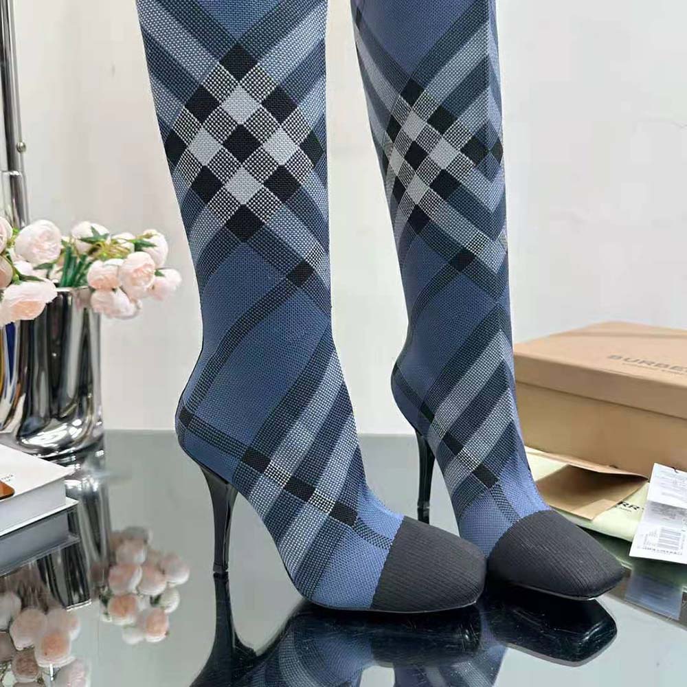 Burberry Women Knitted Check Sock Boots-Blue - image 6