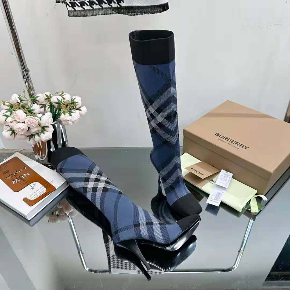 Burberry Women Knitted Check Sock Boots-Blue - image 8
