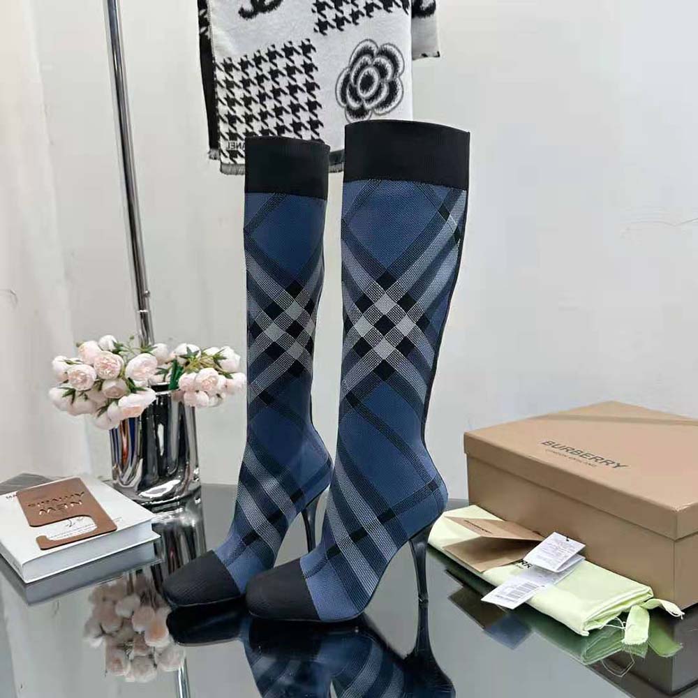 Burberry Women Knitted Check Sock Boots-Blue - image 5