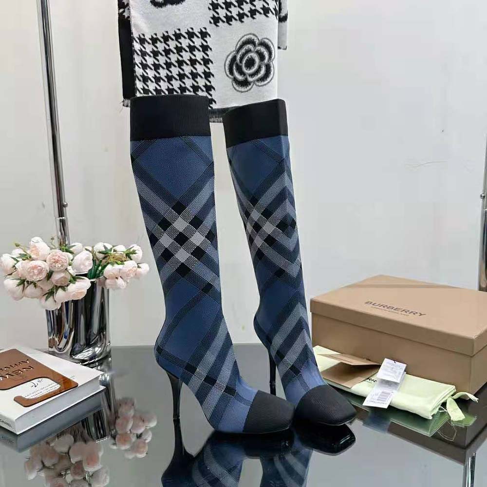Burberry Women Knitted Check Sock Boots-Blue - image 4