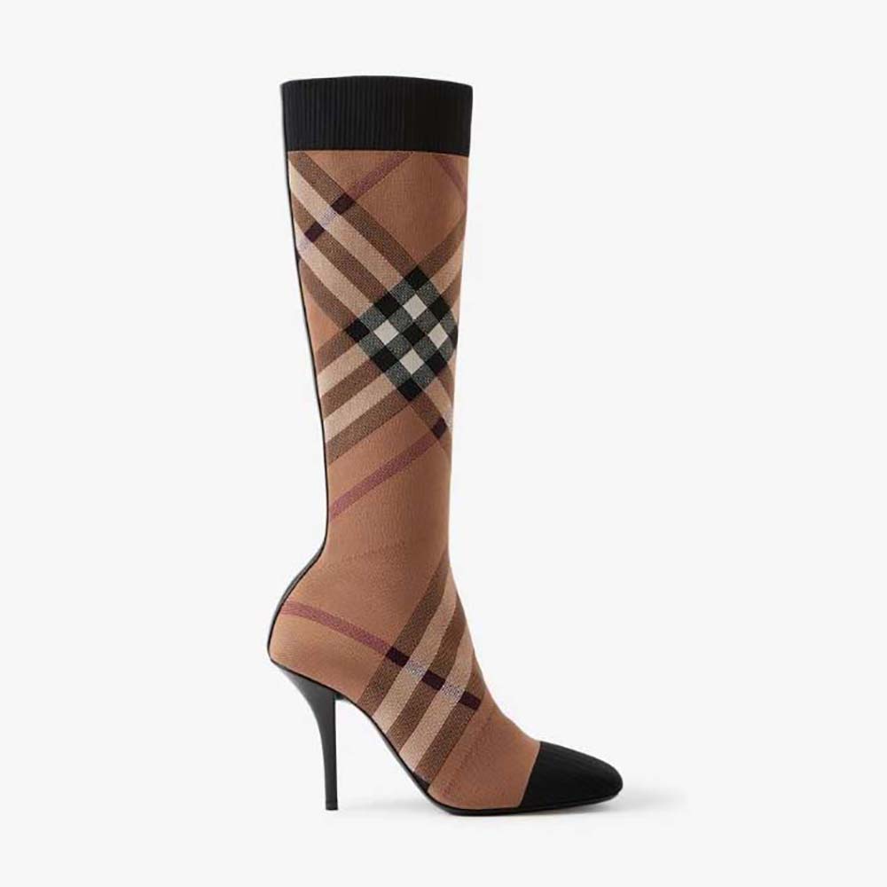 Side profile of Burberry Women Knitted Check Sock Boots-Brown showcasing silhouette
