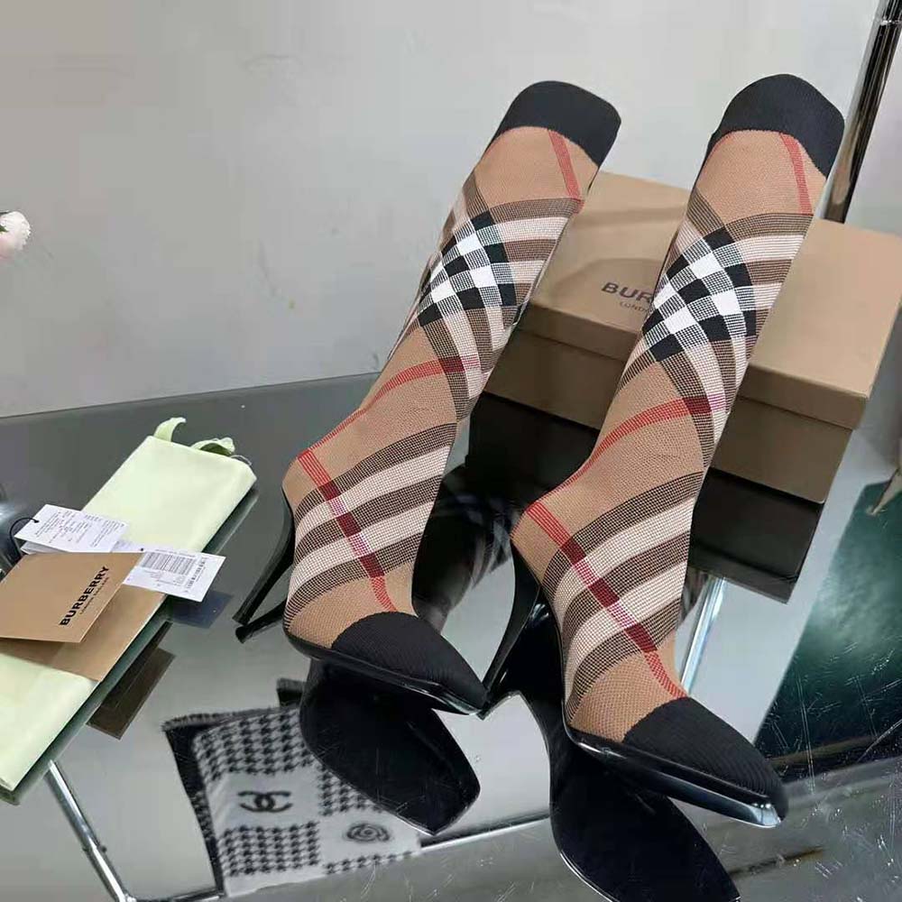 Burberry Women Knitted Check Sock Boots-Brown - image 9