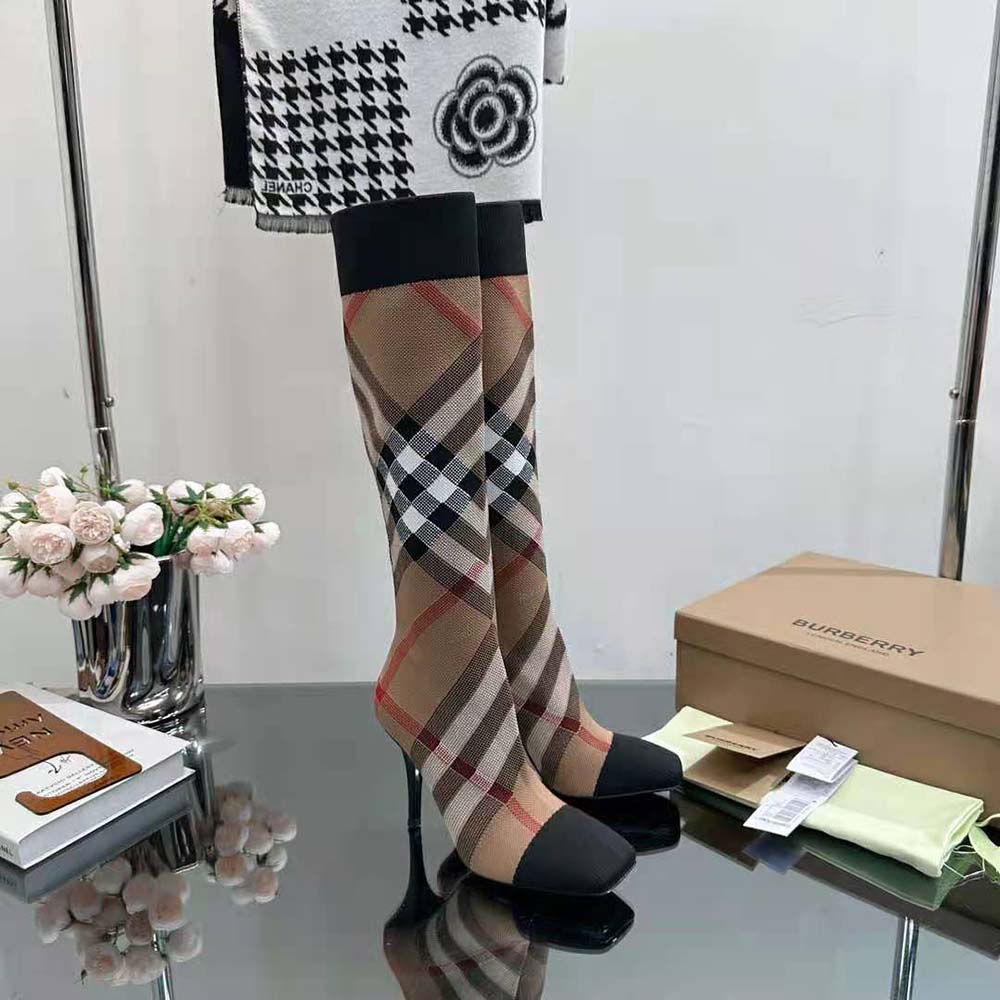 Burberry Women Knitted Check Sock Boots-Brown - image 7