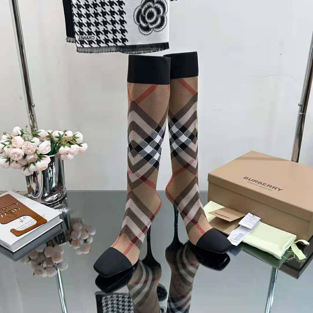 Burberry Women Knitted Check Sock Boots-Brown - image 6