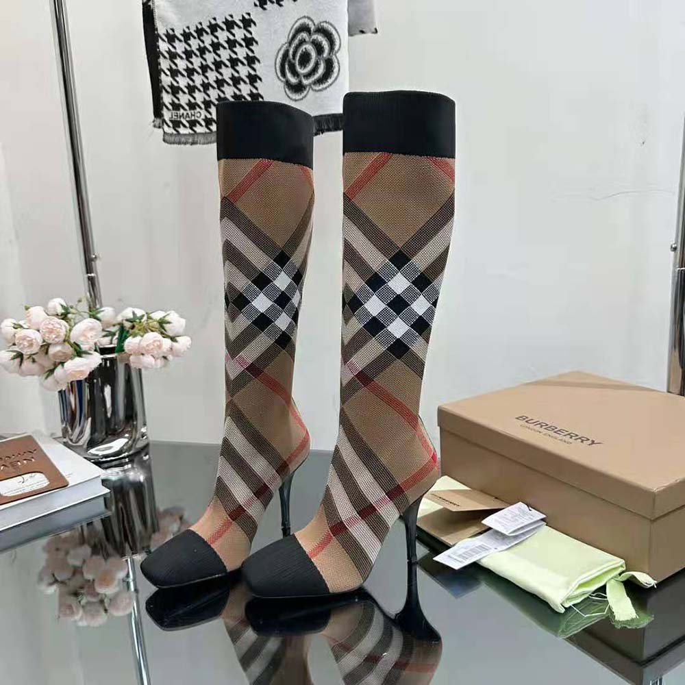 Burberry Women Knitted Check Sock Boots-Brown - image 5
