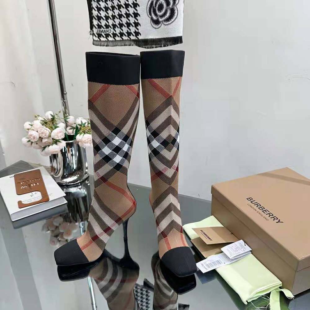 Burberry Women Knitted Check Sock Boots-Brown - image 4