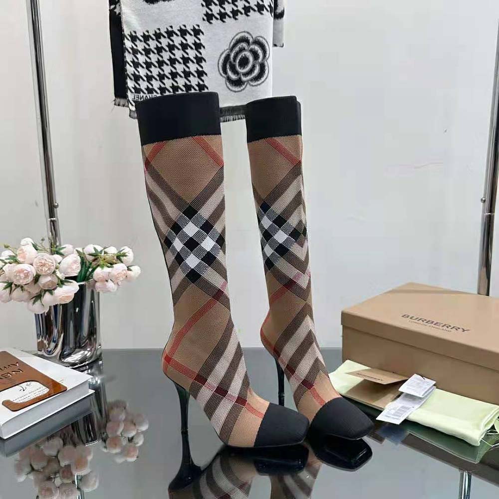Front view of Burberry Women Knitted Check Sock Boots-Brown on a model