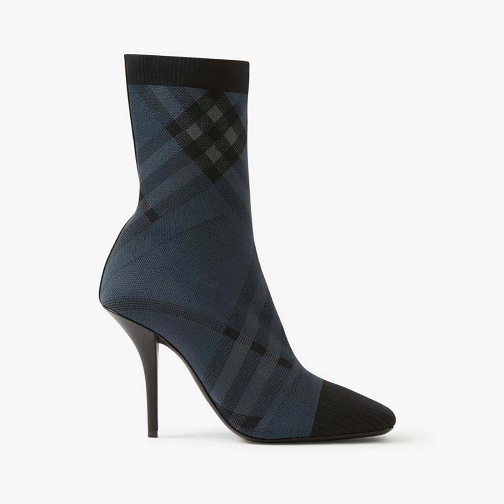Side view of Burberry Women Knitted Check Sock Boots-Navy showing heel