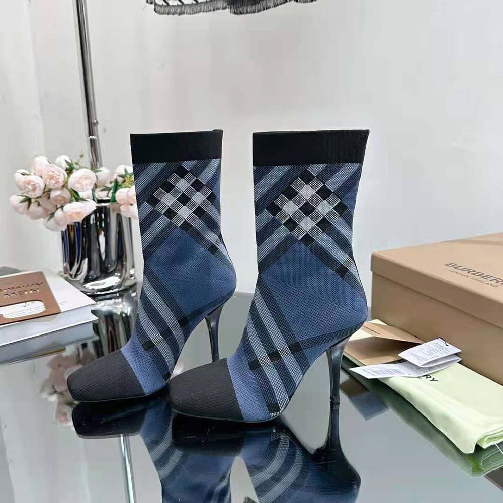 Burberry Women Knitted Check Sock Boots-Navy - image 7