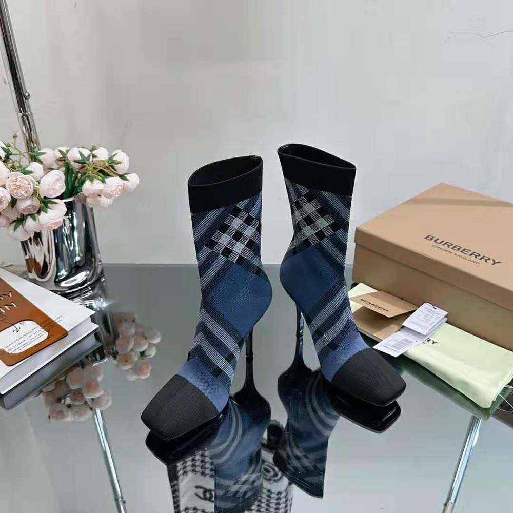 Burberry Women Knitted Check Sock Boots-Navy - image 6