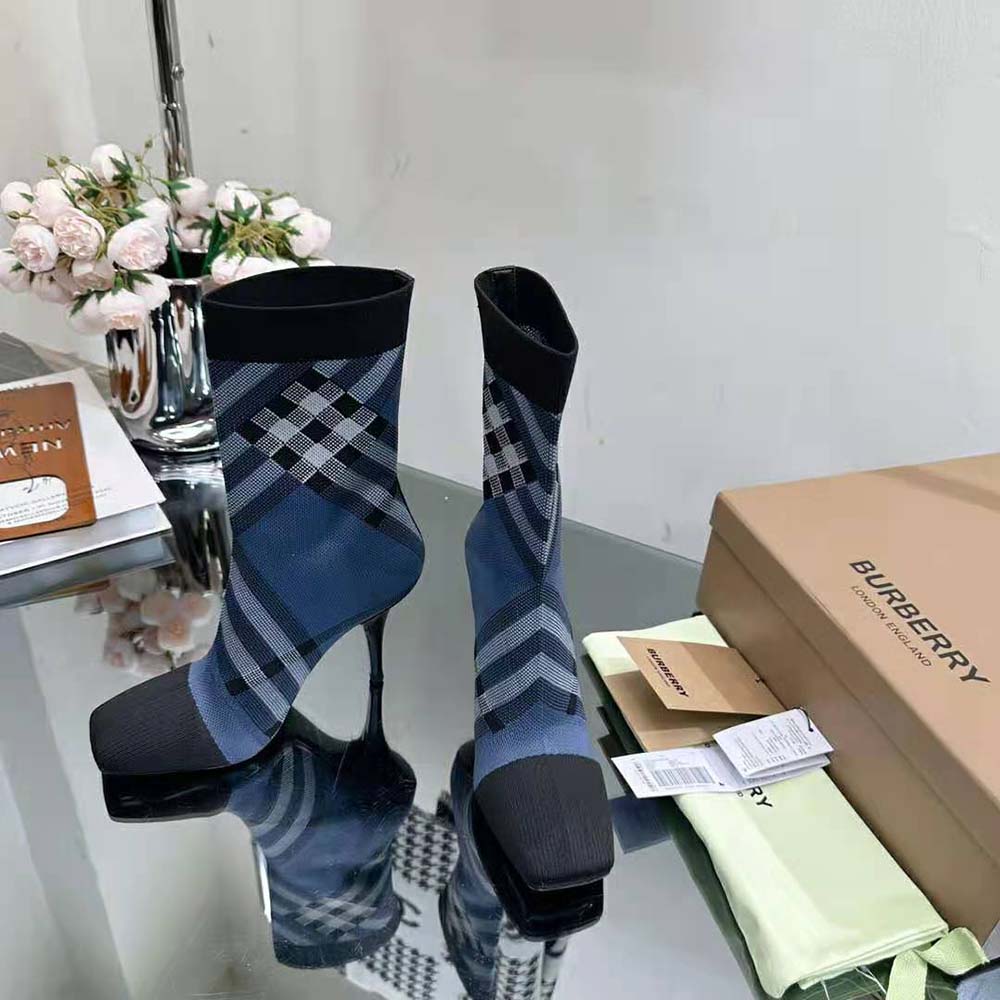 Burberry Women Knitted Check Sock Boots-Navy - image 5