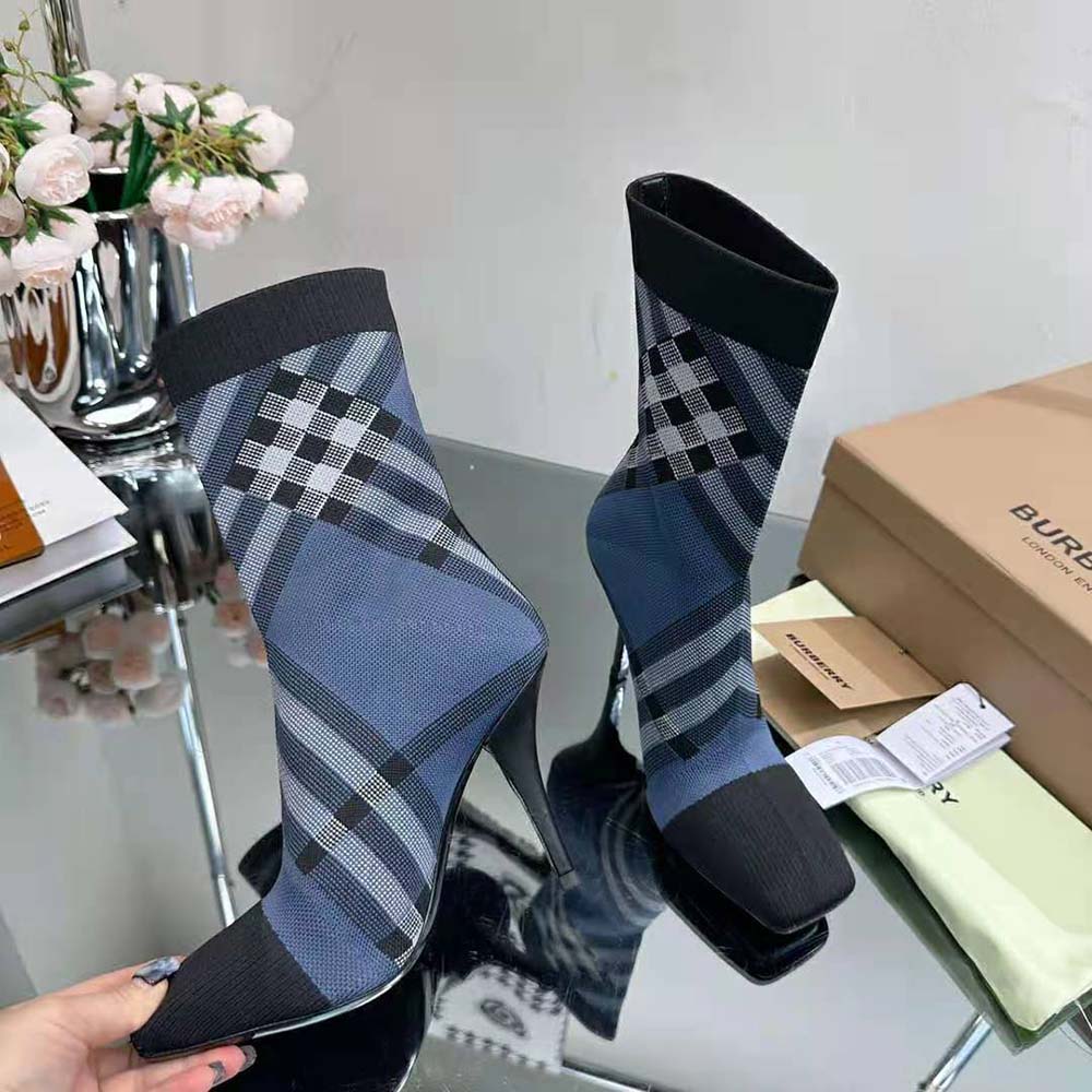 Burberry Women Knitted Check Sock Boots-Navy - image 4