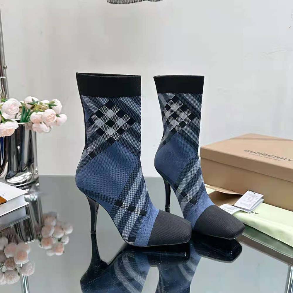 Front angle of Burberry Women Knitted Check Sock Boots-Navy fit ankle